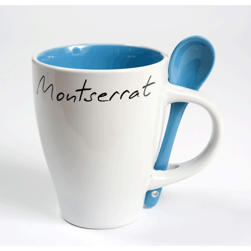 Montserrat white mug with blue inside and spoon