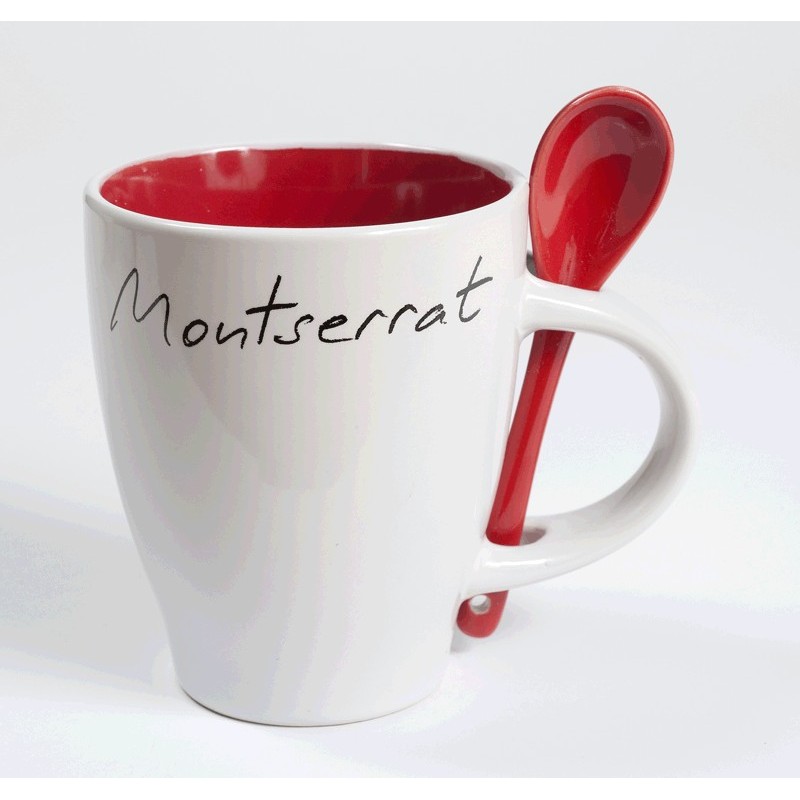 Montserrat white mug with red inside and spoon