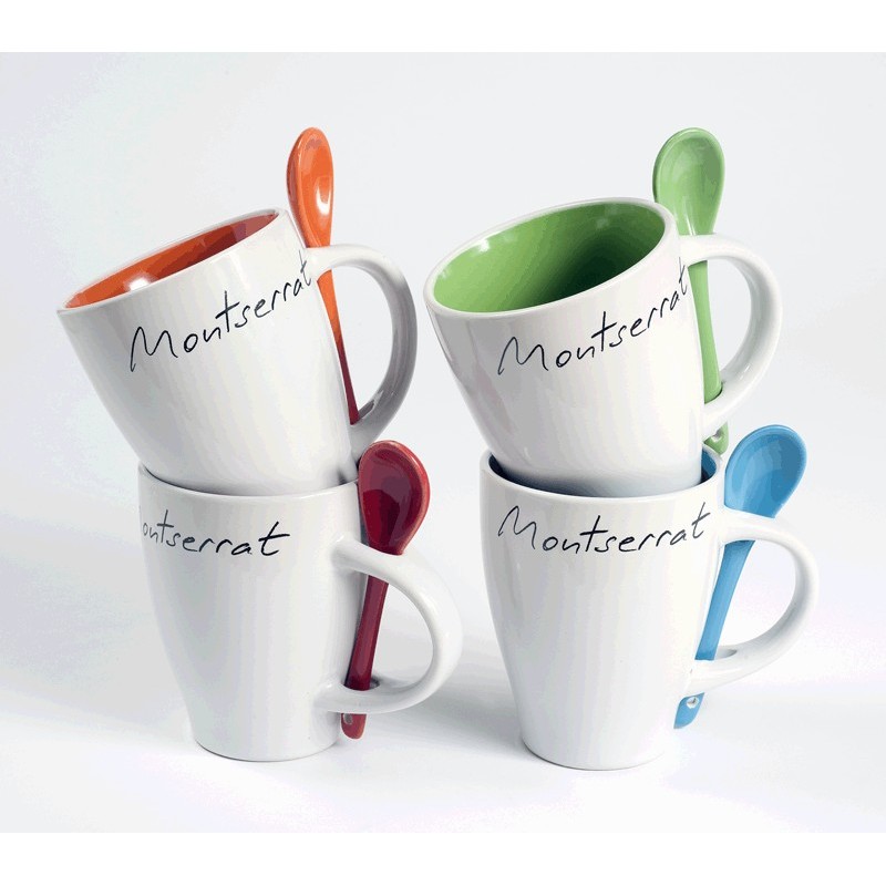 Montserrat white mug with inside and spoon green colour