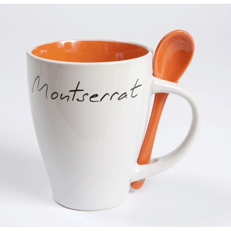 Montserrat white mug with orange inside and spoon